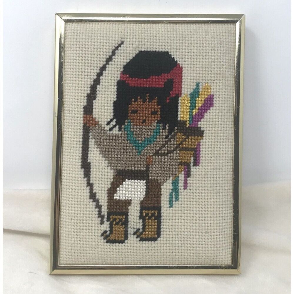 Vintage Ted DeGrazia Framed Needlepoint Wall Art Southwestern Boy My First Arrow